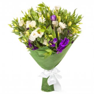 Buchet cu eustoma alb si mov