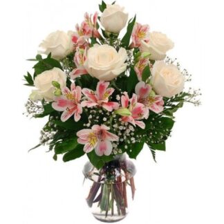 Buchet trandafiri crem si alstroemeria