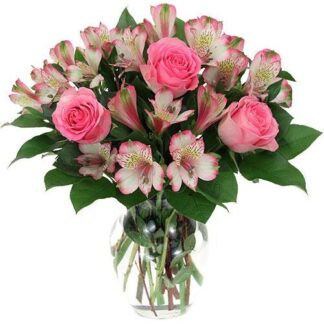 Buchet trandafiri si alstroemeria roz